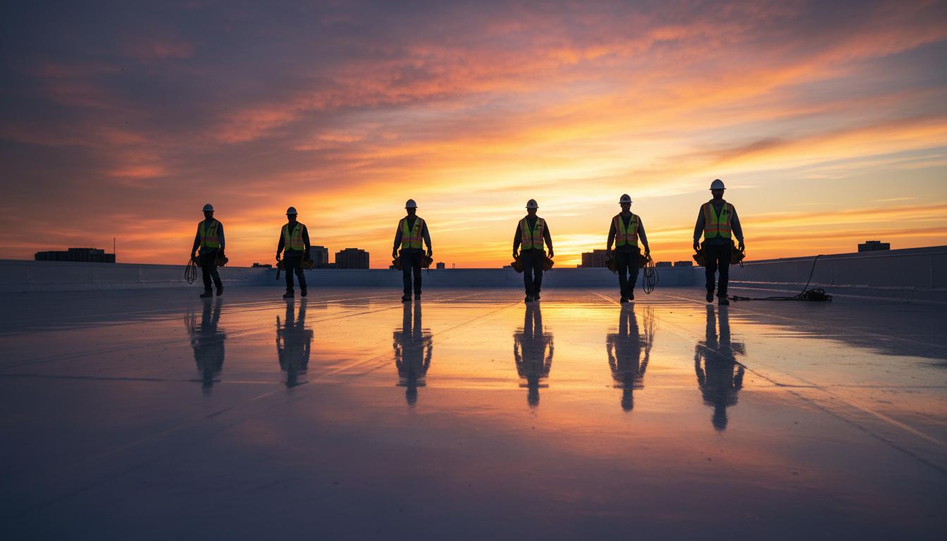 Roofing team at sunset